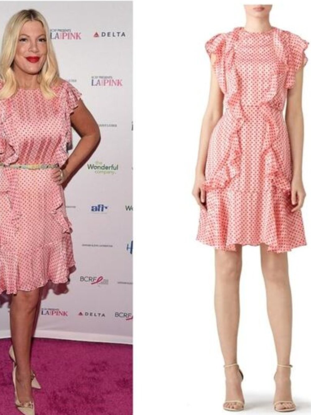 Monique Lhullier Chiffon Mini Dress Pink w/ Red Polka Dots Retro Dainty Ruffles